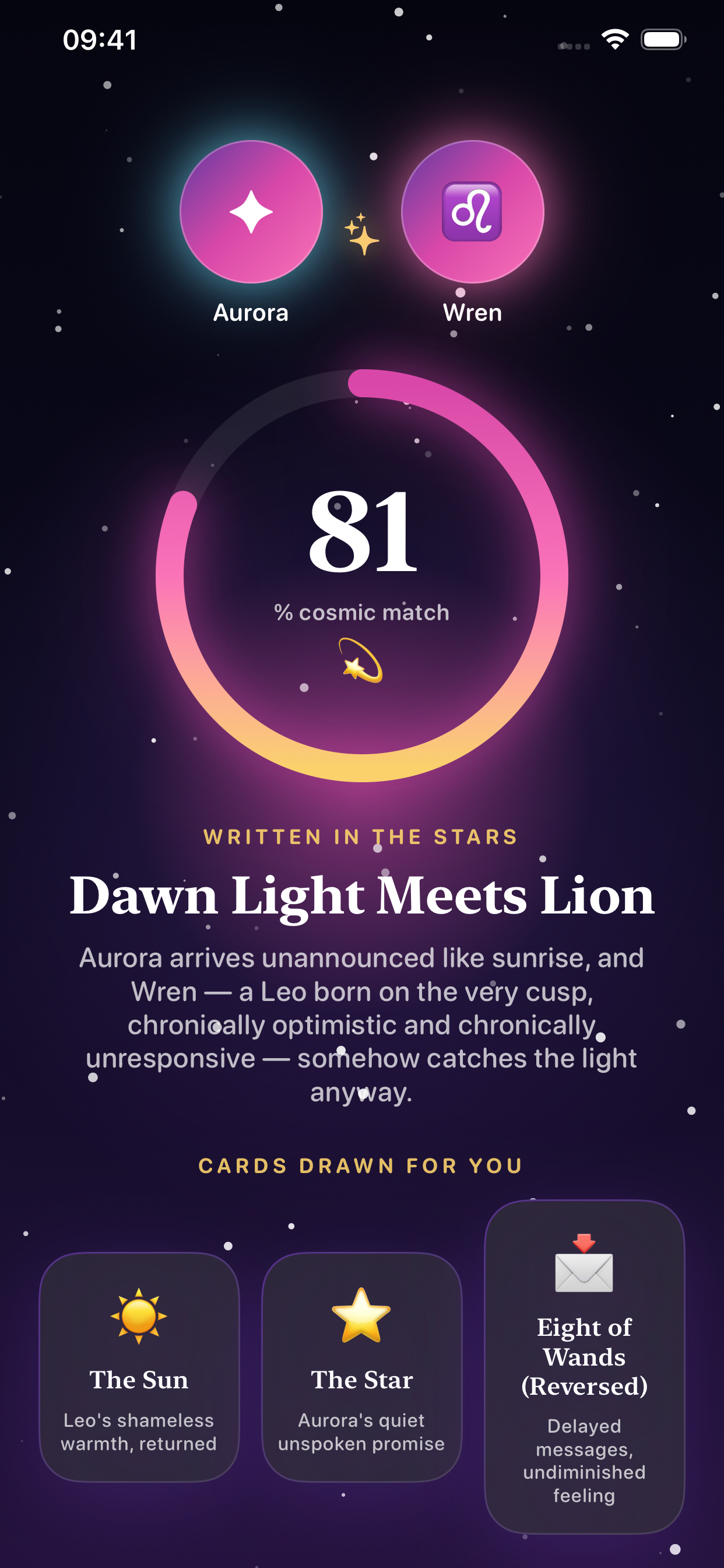 DoWeMatch sample reading for Aurora and Wren, with an 81 percent cosmic match and three tarot-inspired cards.